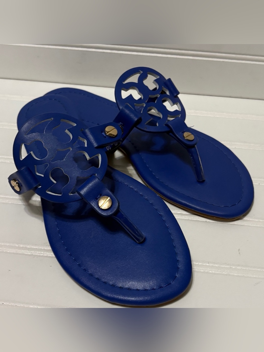 TORY BURCH Miller Cobalt Blue Leather Sandals Flip Flops Shoes Womens Size 8